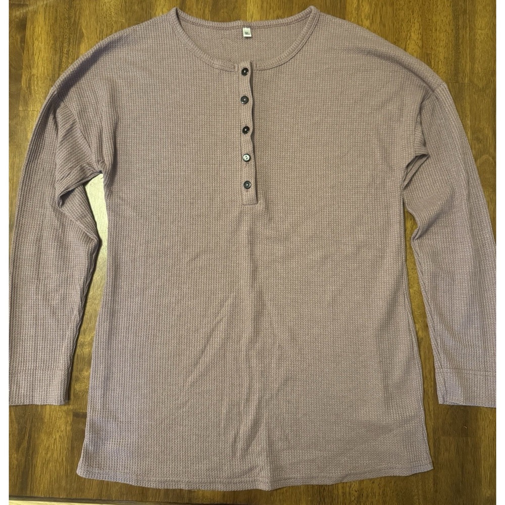 Women's Mauve Solid Waffle Knit Round Neck Long Sleeve Henley Top XL Regular